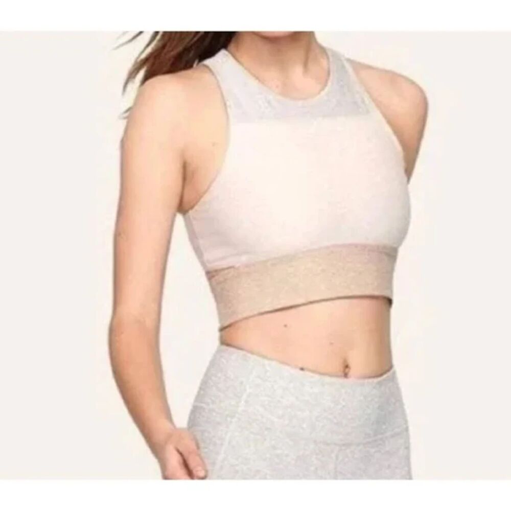 Outdoor Voices Tri-Tone Slashback Crop Top (M)- Desert-Dove-Oatmeal